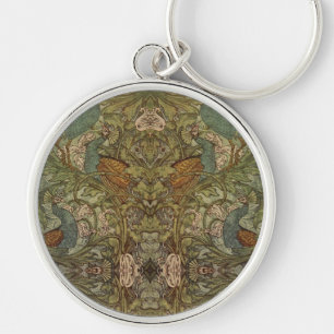 Art nouveau friock blommigt jacquard tapestry rund silverfärgad nyckelring
