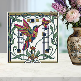 Art Nouveau Geometric Bird Flower Ceramic Tile Kakelplatta