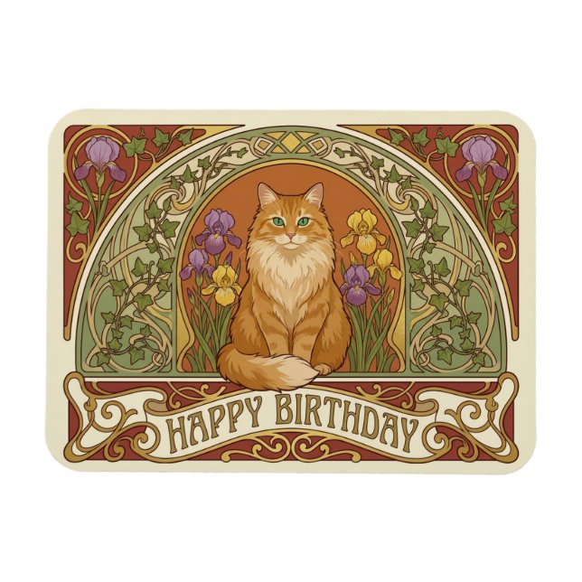 Art Nouveau Ginger Cat Birthday Card Magnet (Horisontell)