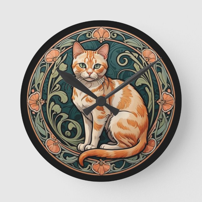 Art nouveau Ginger Cat Rund Klocka (Framsida)