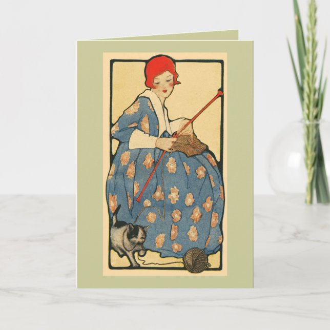 Art nouveau-Girl knullar med sin katt Kort (Framsida)