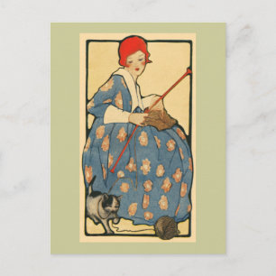 Art nouveau-Girl knullar med sin katt Vykort