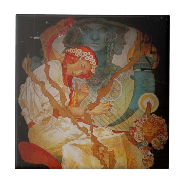 Art nouveau Girl med Harp 1903 Kakelplatta (Framsidan)