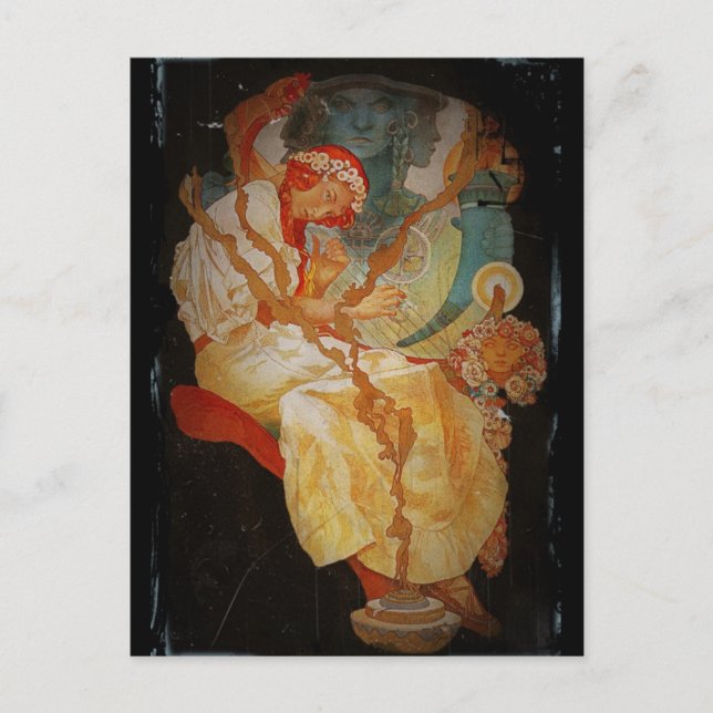 Art nouveau Girl med Harp 1903 Vykort (Framsida)