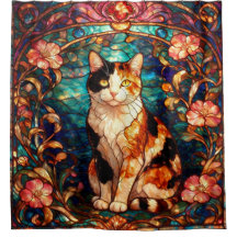 Art Nouveau glasmålning Stil Calico Katt Dusch