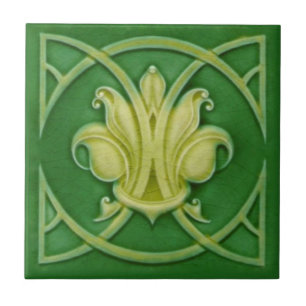 Art nouveau Gothic Grönt Fleur de Lis Repro Tile Kakelplatta