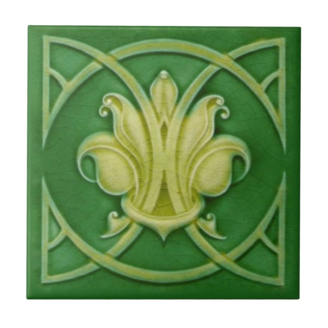 Art nouveau Gothic Grönt Fleur de Lis Repro Tile Kakelplatta (Framsidan)