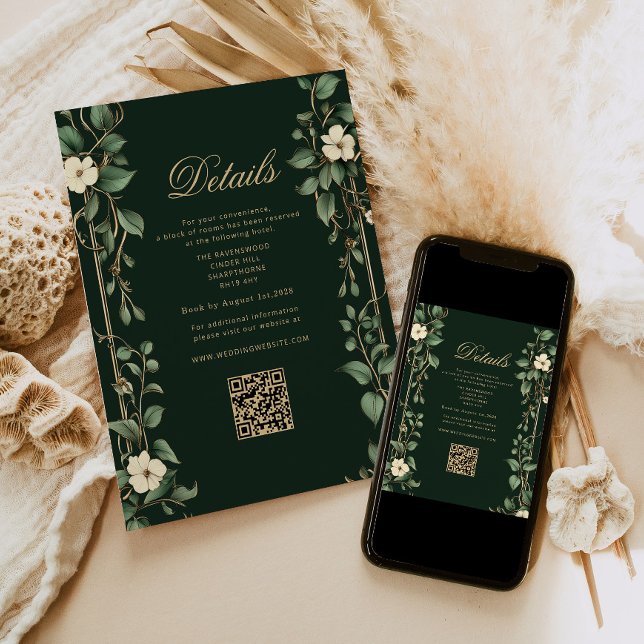 Art Nouveau Green and Gold Wedding QR Details Tilläggskort (Skapare uppladdad)