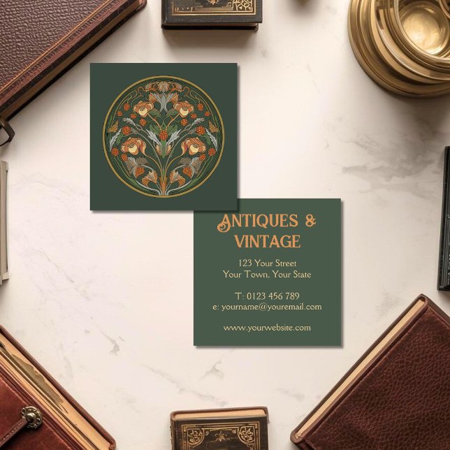 Art Nouveau Green Cream Fyrkantigt Visitkort (Art Nouveau Business Card for antique store, jewellry, vintage or any profession.)