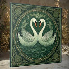 Art Nouveau Green Swan Lover Couples Ethereal Lake Kakelplatta
