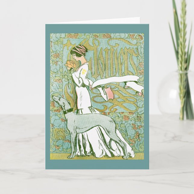 Art nouveau Greyhound och Dam med blomma Kort (Framsida)