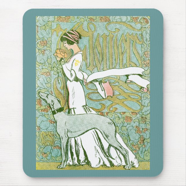 Art nouveau Greyhound och Dam med blomma Musmatta (Framsidan)