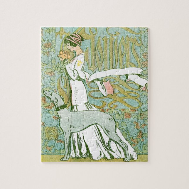Art nouveau Greyhound och Dam med blomma Pussel (Vertikal)