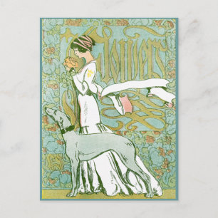 art nouveau Greyhound och Dam med blomma Vykort