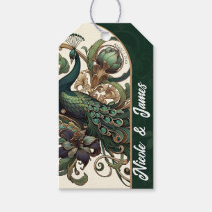 Art Nouveau Grön Smaragd Vintage Påfågel Bröllop Presentetikett