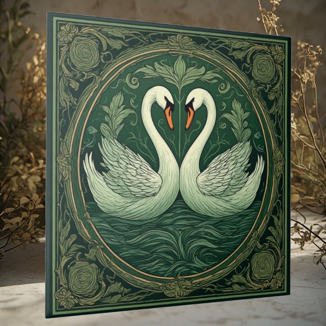 Art Nouveau Grön Svan Älskande Par Eterisk Sjö Kakelplatta (Art Nouveau Green Swan Lover Couples Ethereal Lake Ceramic Tile)