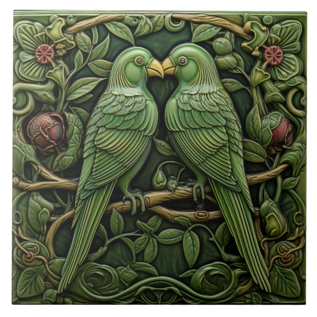 Art nouveau Grönt Birds Antique Inspired Nature Kakelplatta (Framsidan)