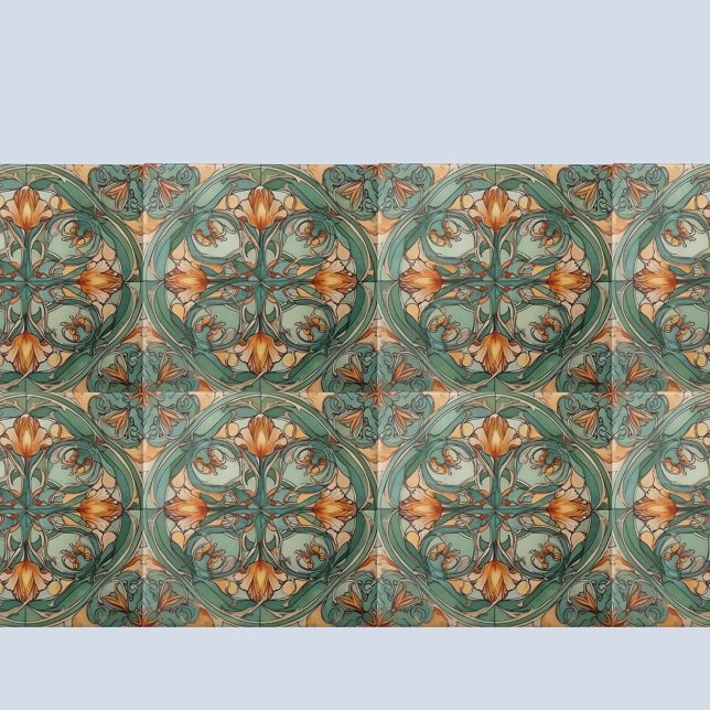 Art nouveau Grönt Blommigt Motif Kakelplatta (Skapare uppladdad)