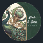 Art nouveau Grönt Emerald Vintage Peacock Bröllop Runt Klistermärke<br><div class="desc">anpassa med valfri text.</div>