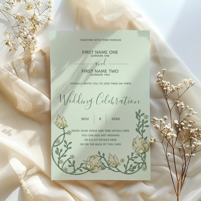 Art nouveau grönt- och krämbröllopsinbjudan inbjudningar (Art nouveau wedding invitation. Green script and vintage style flowers.)
