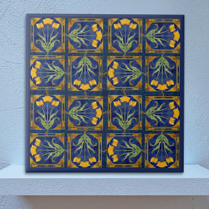 Art Nouveau Gul Tulpan på Royal Blå Kakel Mönster