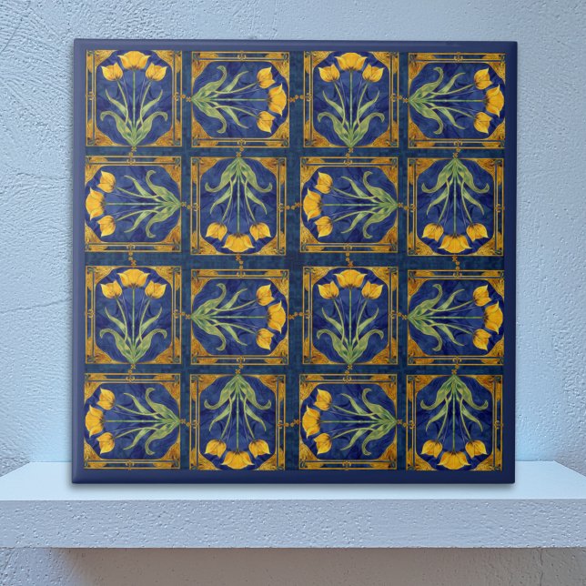 Art Nouveau Gul Tulpan på Royal Blå Kakel Mönster (Skapare uppladdad)