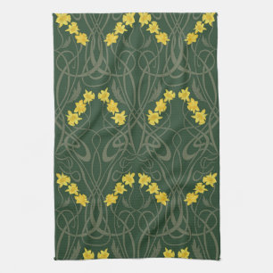 Art Nouveau gula narcisser och stjälkar gröna Kökshandduk