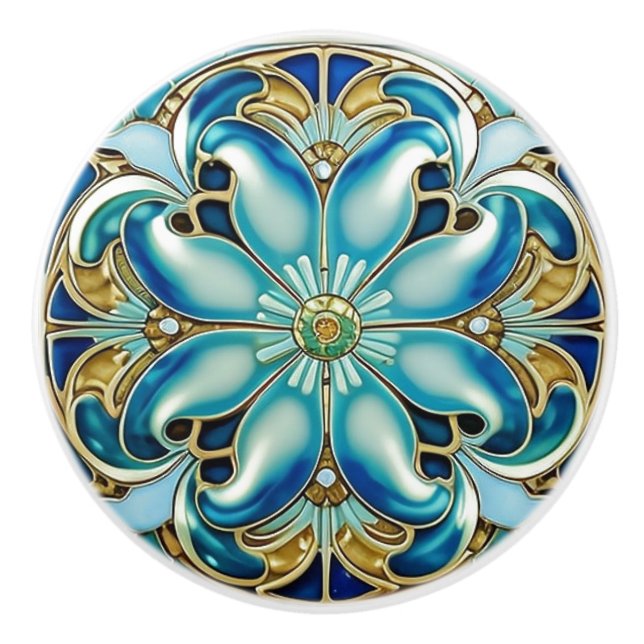Art nouveau Guld Aqua Blue Geometric Knopp (Framsidan)