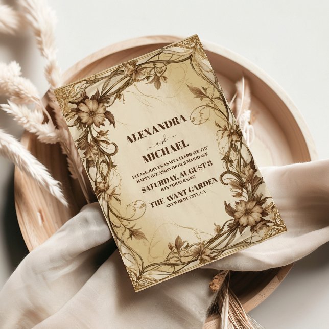 Art Nouveau Guld Botanisk Bröllop Inbjudningar (Skapare uppladdad)