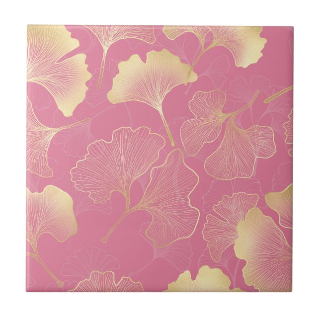 Art Nouveau Guld Ginkgo Blad Rosé Mönster Kakelplatta (Framsidan)