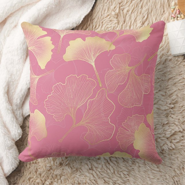 Art Nouveau Guld Ginkgo Blad Rosé Mönster Kudde (Filt)