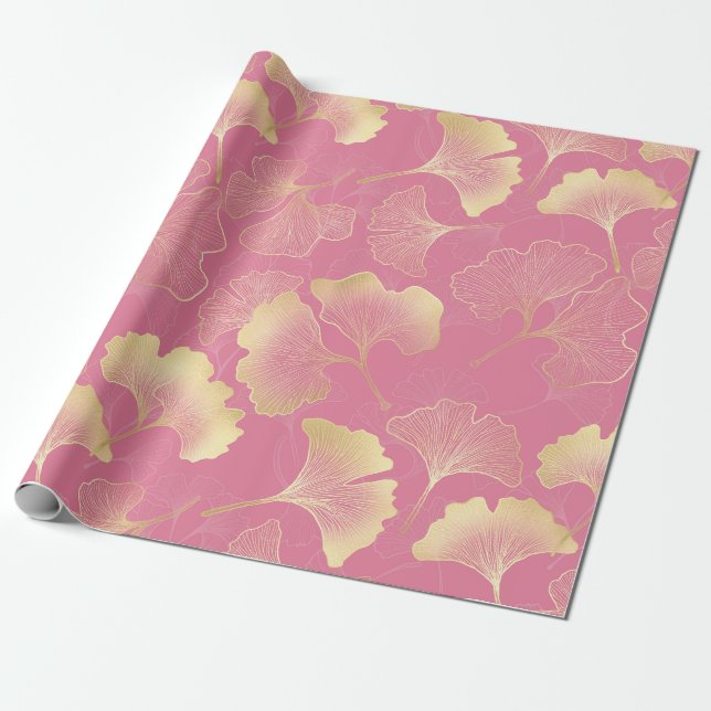 Art Nouveau Guld Ginkgo Blad Rosé Mönster Presentpapper (Utrullad)