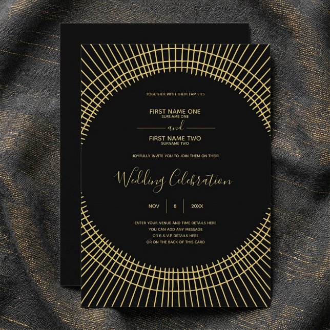 Art nouveau guld och svartvigningsinbjudan inbjudningar (Art nouveau gold and black wedding invitation.)