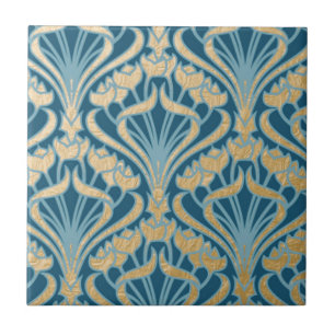 art nouveau,guld,teal,damm,blommigt,mönster,chic, kakelplatta
