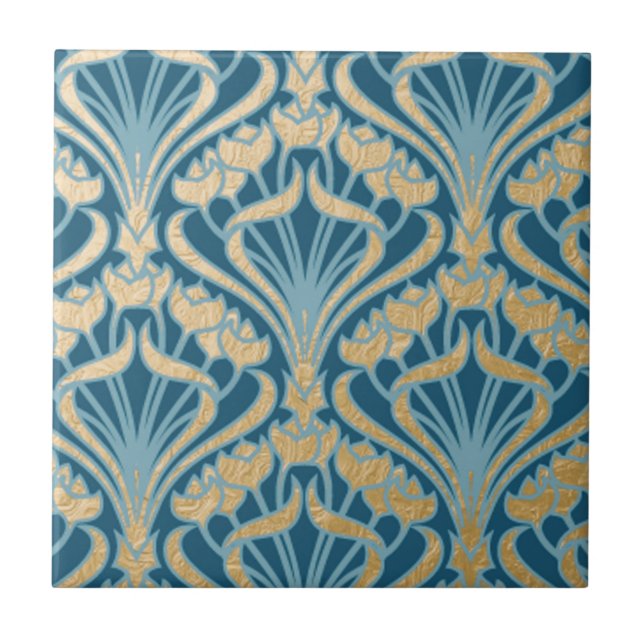 Art nouveau,guld,teal,damm,blommigt,mönster,chic,V Kakelplatta (Framsidan)