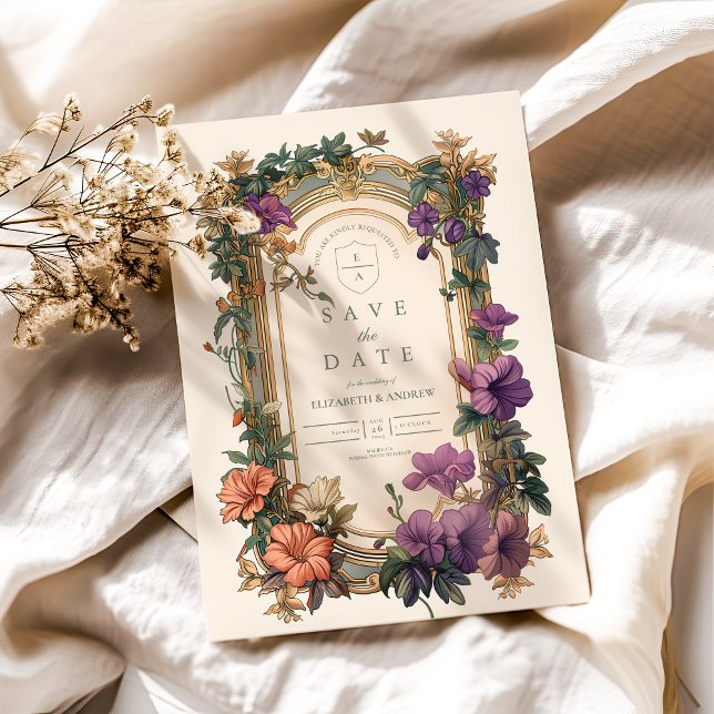 Art Nouveau Guldvalvs Blommigt Bröllop Spara Datumet (Skapare uppladdad)