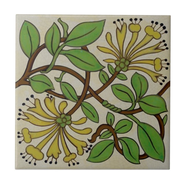 Art nouveau Gult Honeysuckle Art Antique Repro Kakelplatta (Framsidan)