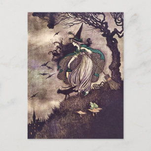 Art Nouveau-häxa under träd med katt groda kvast Vykort