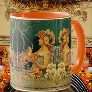 Art nouveau hett chokladreklam, röd grönt mugg