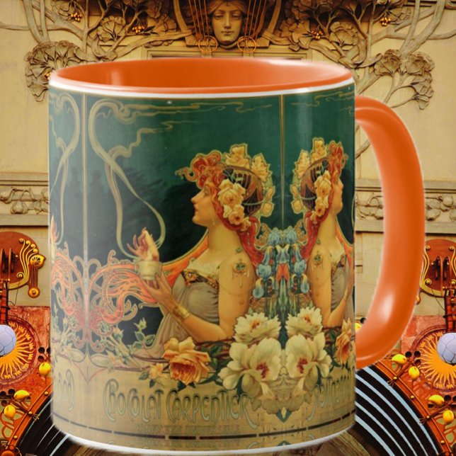 Art nouveau hett chokladreklam, röd grönt mugg (Skapare uppladdad)