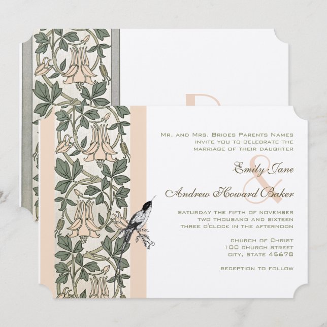 Art Nouveau HoneySuckle Kolibri Bröllop  Inbjudningar (Fram/baksida)
