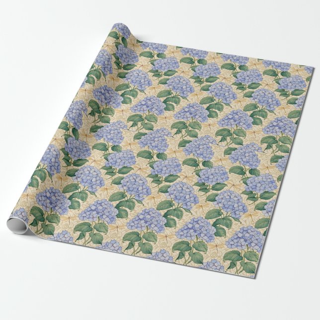 Art Nouveau Hortensia Mönster med Trollsländor Presentpapper (Utrullad)