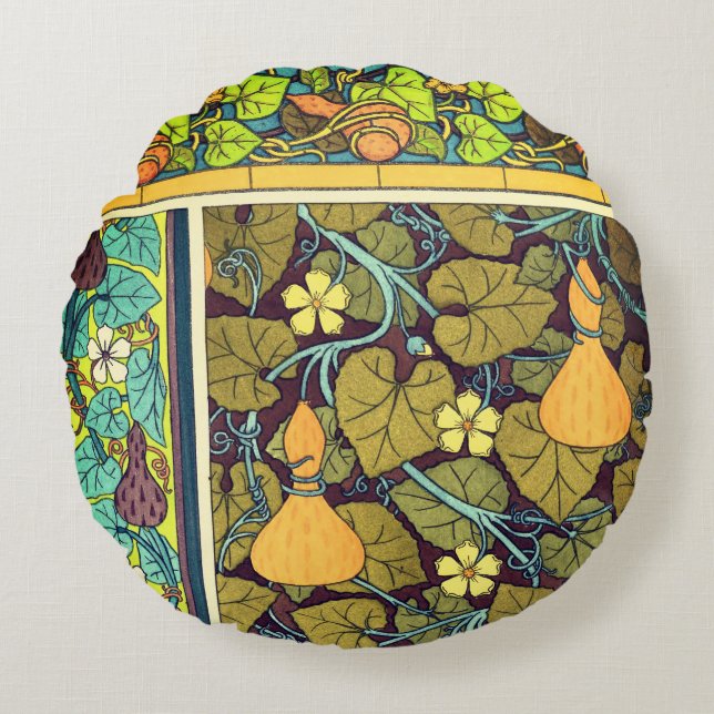 Art nouveau höstblommigt elegant  Gourd lila Rund Kudde (Framsidan)