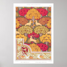 Art nouveau hösten träd och hjort Vintage sjunker
