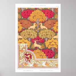 Art nouveau hösten träd och hjort Vintage sjunker Poster
