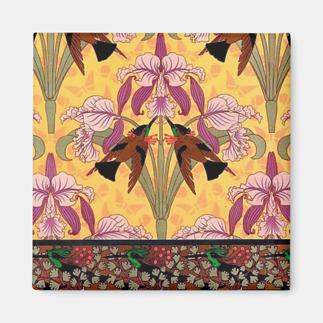 Art nouveau hummingbird och blombricka mönster magnet (Framsidan)