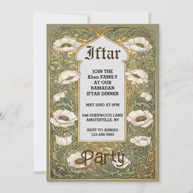 Art Nouveau Iftar Poppy Flower Invitation Inbjudningar (Framsida)