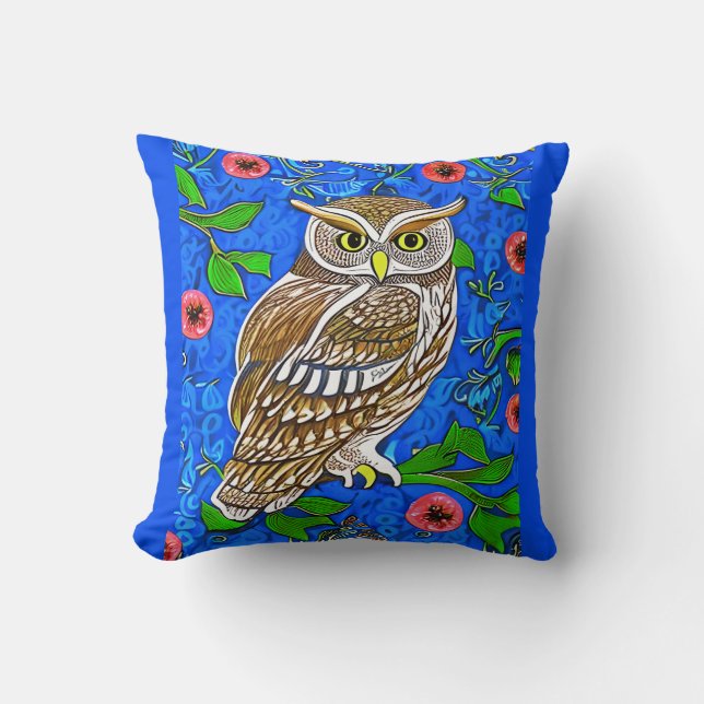 Art nouveau Inspired Uggla, Brown på koboltblått Kudde (Framsida)