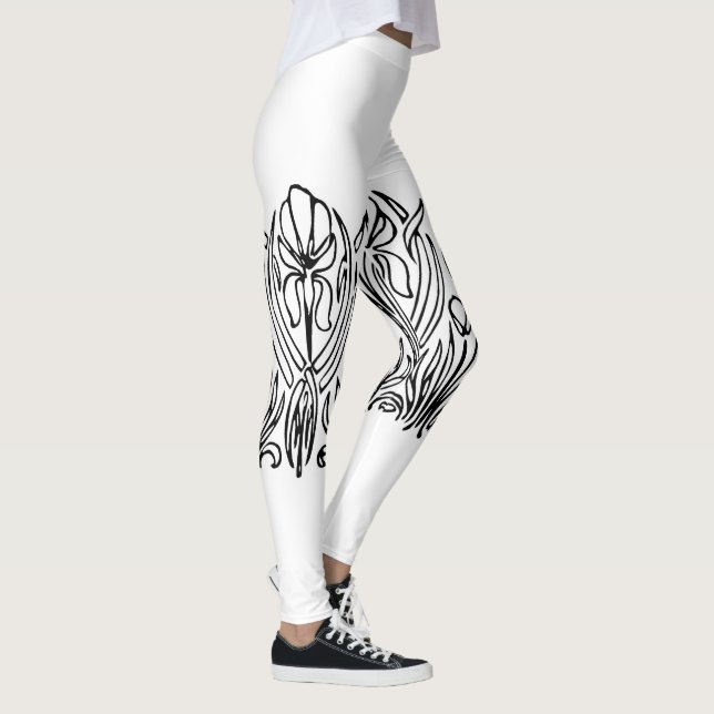 Art nouveau iris-blommigt, svart och vitt leggings (Höger)