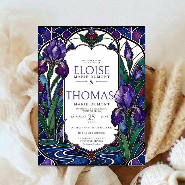 Art Nouveau Iris Bröllop Glasfärgat Lila Inbjudningar (Skapare uppladdad)